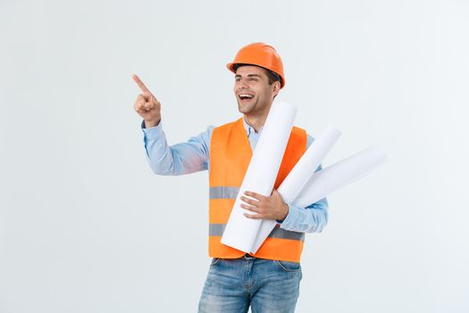 Portrait of male site contractor engineer with hard hat holding blue print paper. Isolated over white background.