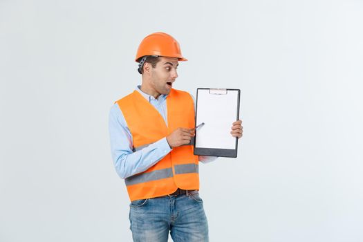 Engineers examining documents on clipboard isolated over white background.