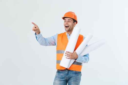 Portrait of male site contractor engineer with hard hat holding blue print paper. Isolated over white background.