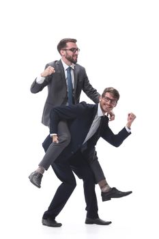 happy businessman carrying his colleague on the piggyback