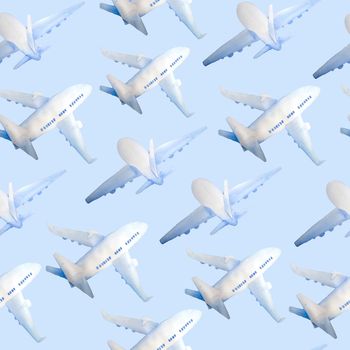 Watercolor hand drawn seamless pattern illustration of passenger airplane aircraft plane in blue clouds. For tourism trip journey flight concept. Design for airlines touristic websites vacation business trip.