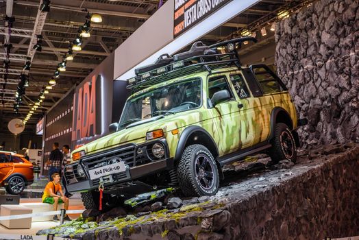 MOSCOW - AUG 2016: VAZ-2329 LADA 4x4 Pickup presented at MIAS Moscow International Automobile Salon on August 20, 2016 in Moscow, Russia