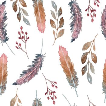Watercolor seamless pattern with pink and brown boho bohemian feathers. Tribal tribe traditional design. Neutral elegant colors for graphic decor wallpapers wrapping paper textile.
