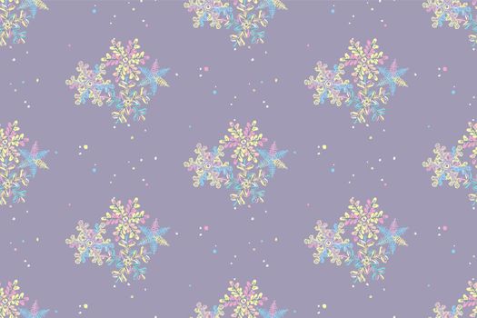 Pastel delicate winter seamless pattern. Snowflakes on a lilac background.