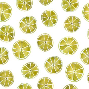 hand drawn watercolor seamless pattern yellow lemon and olive green lime citrus slices. Trendy fresh organic fruits source of vitamin C component for summer cocktails natural bright intense vibrant.