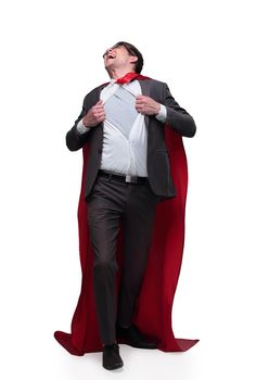 in full growth. happy businessman in superhero pose