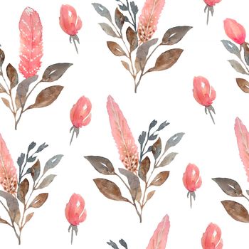 Watercolor seamless pattern with pink and brown boho bohemian feathers, roses flowers leaves. Tribal tribe traditional design. Neutral elegant colors for graphic decor wallpapers textile.