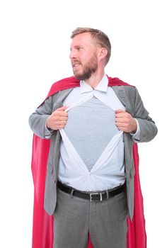 Businessman in classic superhero pose rips his shirt