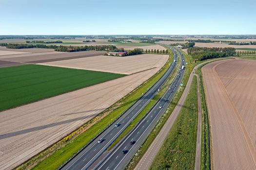 Aerial from the highway A7 in the countryside from Flevoland in the Netherlands