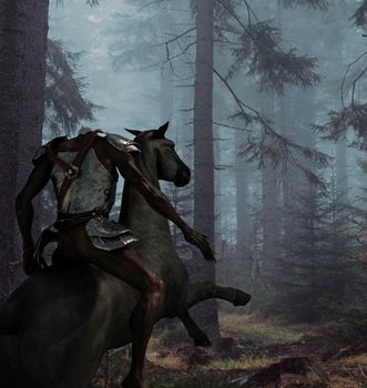 Headless horseman riding a black horse in the forest