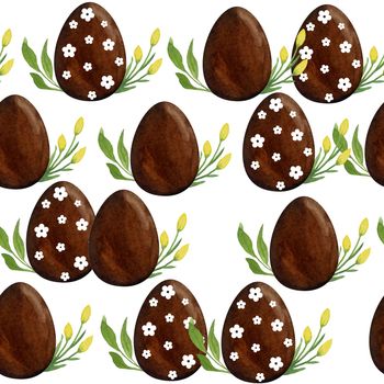 Watercolor seamless pattern with chocolate Easter eggs grass buttercup flowers and leaves. Easter hunt celebration brown design. Spring season background with religious Christian symbols.