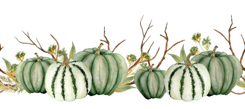 Watercolor hand drawn horizontal border illustration of green neutral pumpkins, wood forest leaves and brown branches. For Halloween thanksgiving design in soft minimalism elegant style, woodland nature.