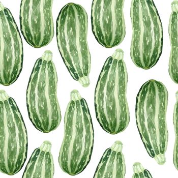 Seamless watercolor hand drawn pattern with green zucchini courgette, farmers organic natural ripe vegetables. Vegetarian vegan design kitchen cooking textile menu labels wallpaper. Labels for harvest produce.