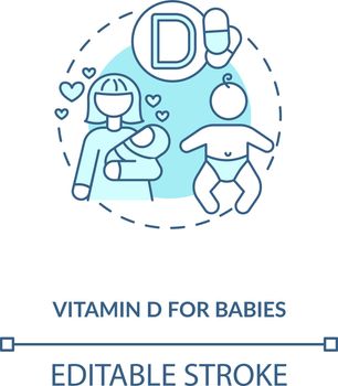 Vitamin D for babies concept icon. Needed supplement idea thin line illustration. Daily supplements. Mother and child. Formula-fed newborns. Vector isolated outline RGB color drawing. Editable stroke