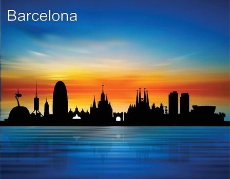 The silhouette of Barcelona city in the sunset