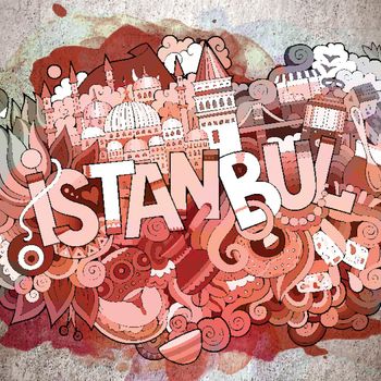 Cartoon cute doodles hand drawn Istanbul inscription