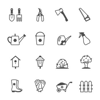 Vector icon set of garden tools and accessories