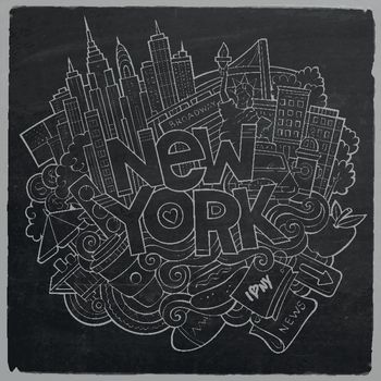 Cartoon cute doodles hand drawn New York inscription