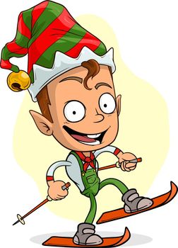 Cartoon funny cute christmas elf riding on ski