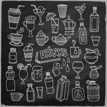Vector set of different hand drawn beverages on chalkboard