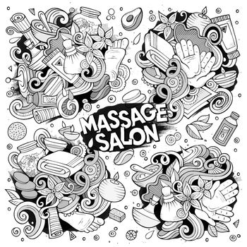 Vector hand drawn line art doodle cartoon set of Massage and Spa objects and symbols