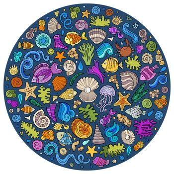 Set of Sealife cartoon doodle objects, symbols and items