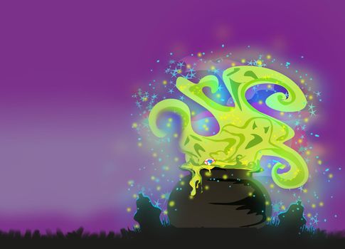 Cauldron with a boiling magic potion on an abstract background