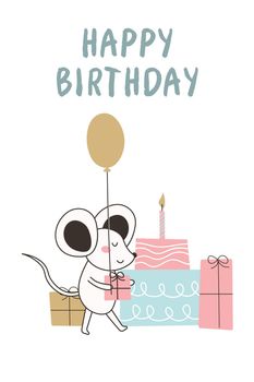 Happy Birthday vector card with mouse holding balloon EPS