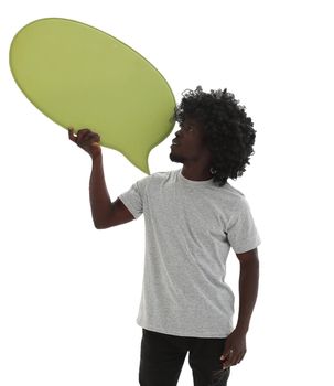 close up. curly-haired guy with a speech bubble
