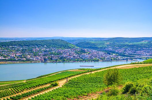 Aerial panoramic view of river Rhine Gorge or Upper Middle Rhine Valley