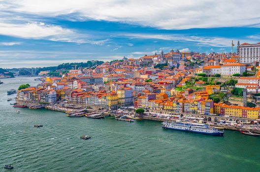 Aerial panoramic view of Porto Oporto city historical centre with Ribeira district colorful buildings houses on embankment of Douro River