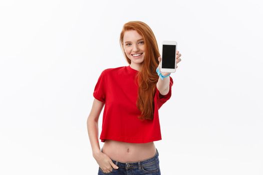 Portrait of adult student uniform beautiful girl show her smart phone.