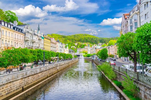 Karlovy Vary Carlsbad historical city centre with Tepla river