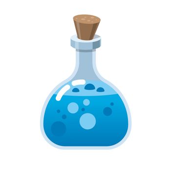 Magic bottle of glass. Alchemy love elixir in glass flask. Cork and blue potion, cartoon vector with hearts. Witchcraft blue potion of witch or poison