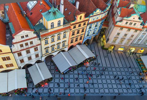 Top view of Prague Old Town Stare Mesto historical city centre. Row of buildings
