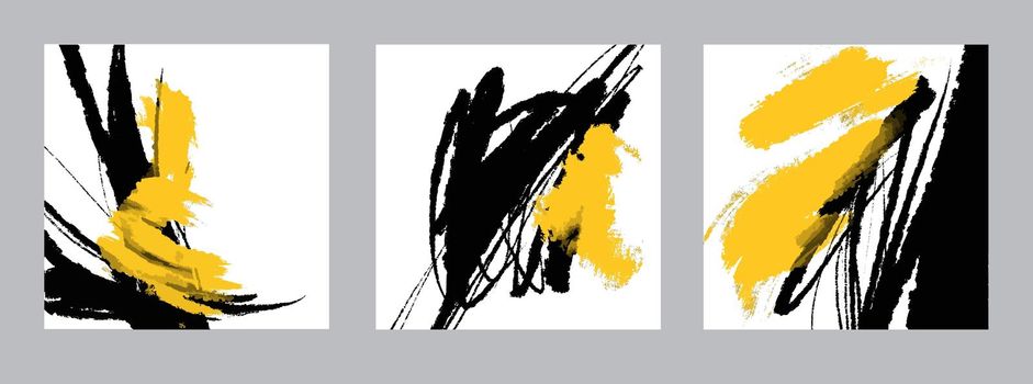 A set of abstract minimalistic paintings in modern Japanese style, large bold brush strokes. Black with yellow on a white background.