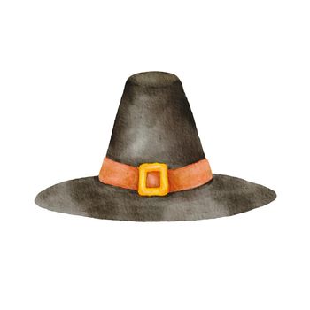 Watercolor Pilgrim hat. Hand drawn illustration isolated on white. Traditional black Quaker hat as symbol of Thanksgiving holiday