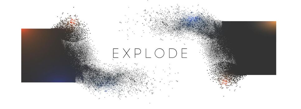 Square explosion with abstract burst. Vector particles of black shape broken debris. 3d square energy background. Futuristic cube geometric illustration. Vector explosion cloud with mist.