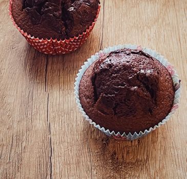 Chocolate muffins as sweet dessert, homemade cakes recipe, food and baking