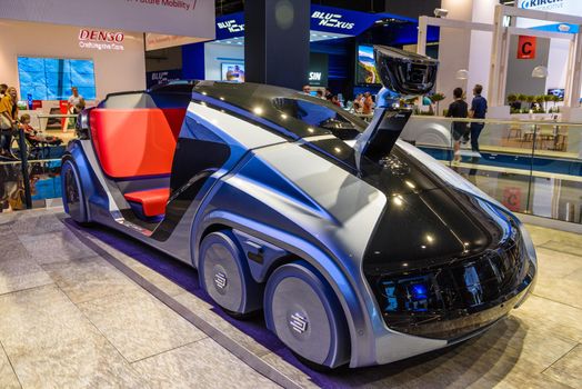 FRANKFURT, GERMANY - SEPT 2019: silver CITYBOT EDAG electric autonomous robot car, IAA International Motor Show Auto Exhibtion