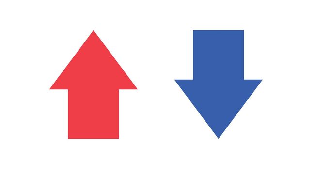 Vector icon set of rising and falling arrows. Red and blue arrows. Ideal illustration for sales, increase or decrease of invested assets, etc.