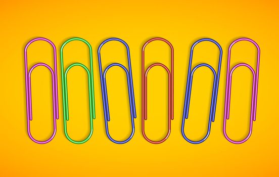 Multicolored paper clips on yellow background. Vector illustrations