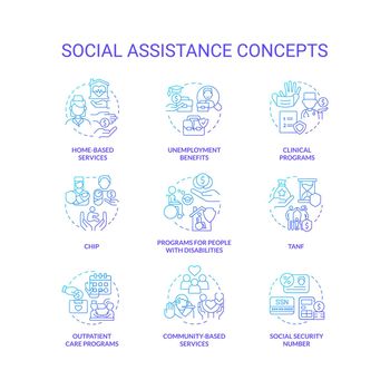 Social assistance blue gradient concept icons set