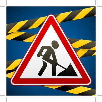 Sign repair works and barrier tapes. Vector illustrations