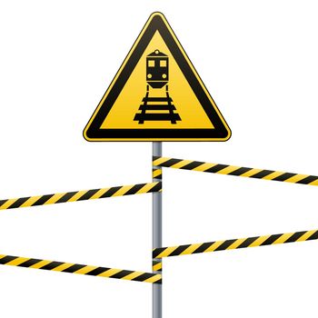 Caution - danger Warning sign safety. Beware of the train. A yellow triangle with a black image. The sign on the pole and protecting ribbons. Vector Image.