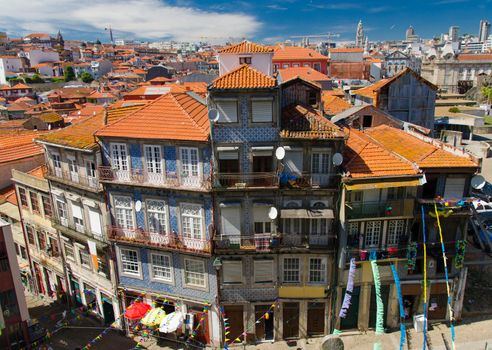 Aerial top view of Porto Oporto city orange roofs, Portugal