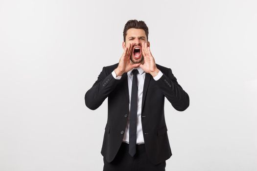Businessman with long beard over isolated background shouting with mouth wide open