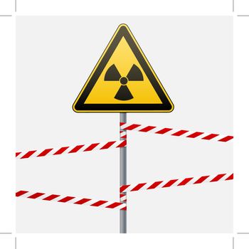 Warning sign on a pole and warning bands. Sign of radiation hazards. Vector illustration.