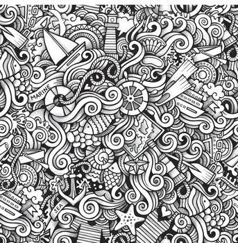 Cartoon hand drawn nautical marine doodles seamless pattern