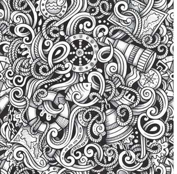 Cartoon hand-drawn doodles Nautical and Marine seamless pattern
